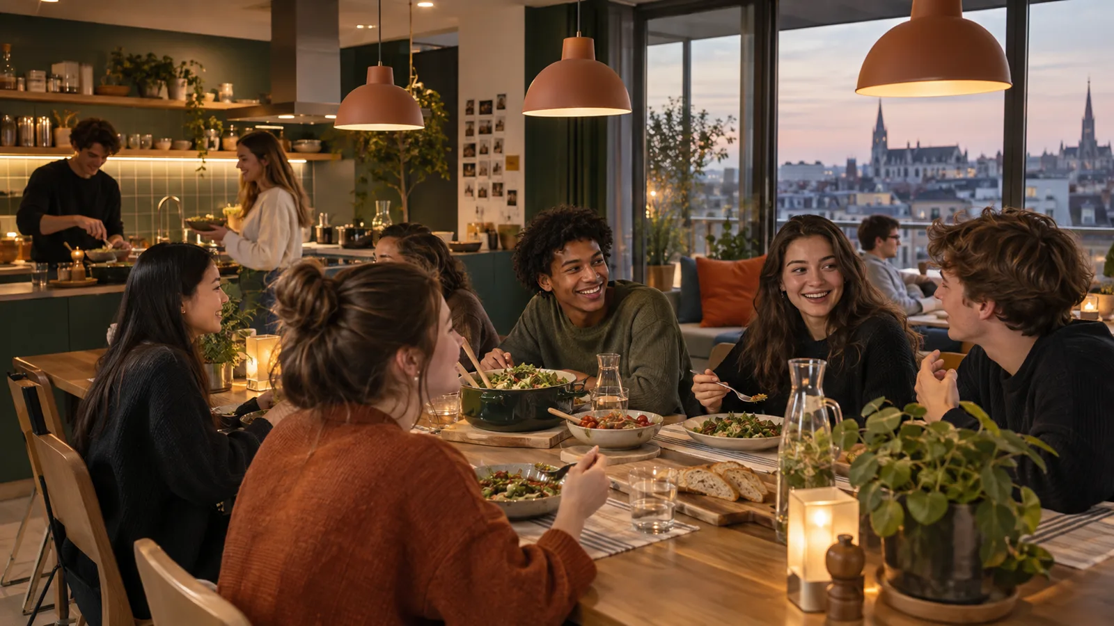 Étudiants partageant un repas dans la cuisine commune