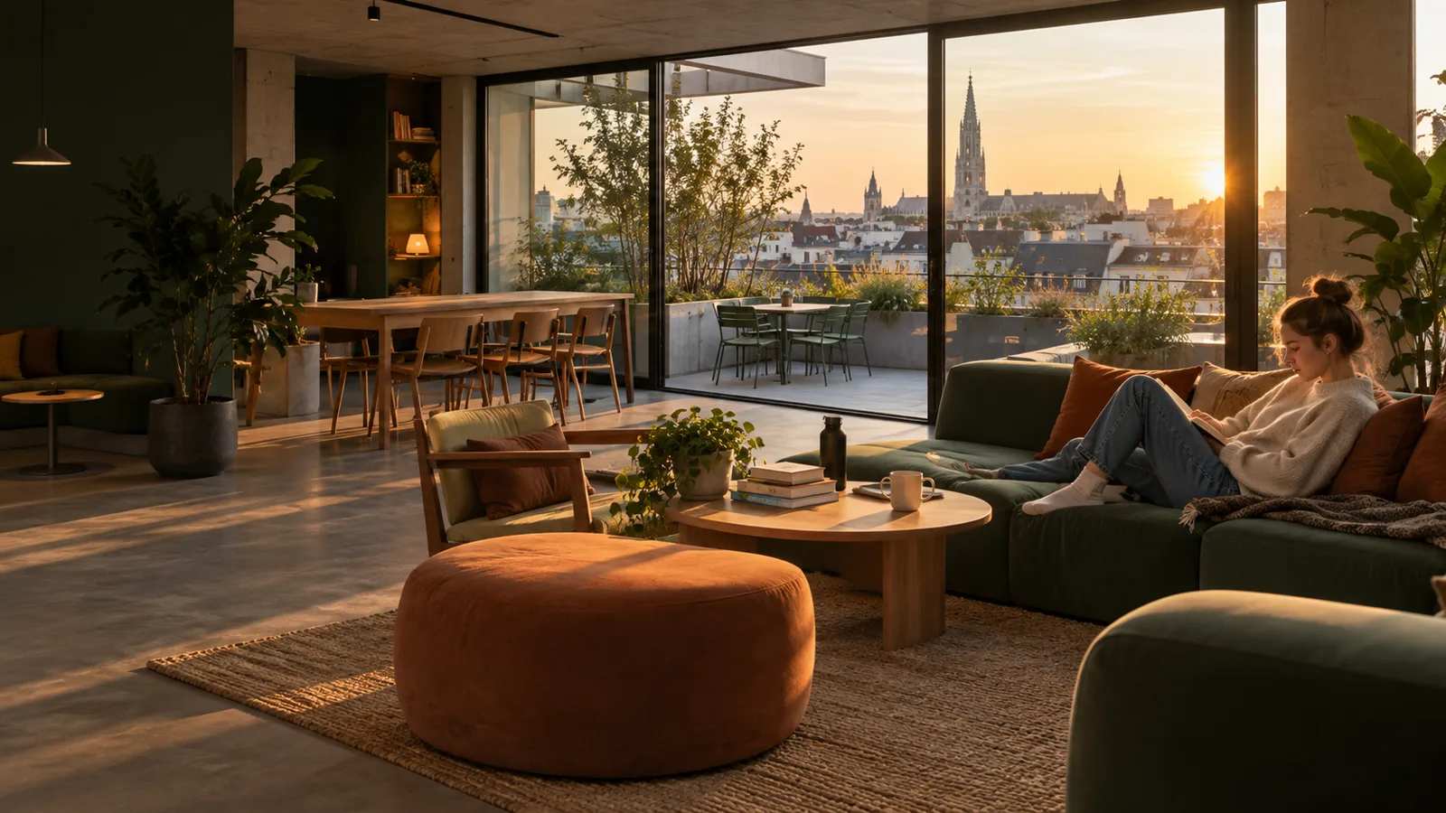 Salon lumineux et rooftop d'une résidence étudiante à Bruxelles